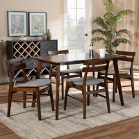 Baxton Studio Delvin/Fiesta-Smoke/Walnut-5PC Dining Set Eleri Mid-Century Modern Transitional Light Grey Fabric Upholstered and Walnut Brown Finished Wood 5-Piece Dining Set